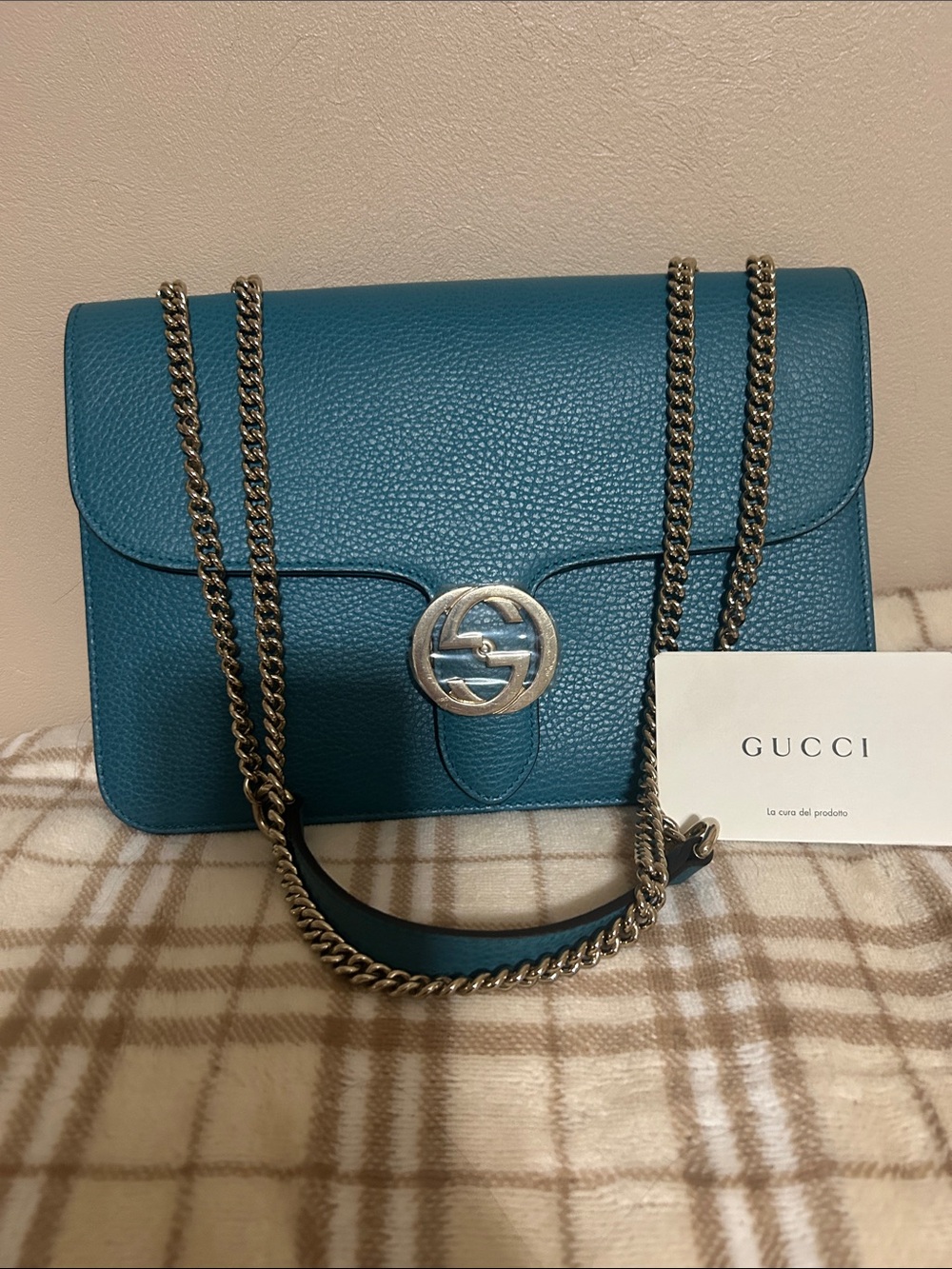 Gucci Teal Pebbled Leather Chain Crossbody Bag